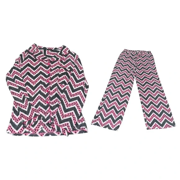 Coastal Club Girls XL 14/16 Pajama Set Pink Black Chevron Fleece 2pc PJ Set - Picture 2 of 9